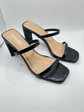 CARCUUME Women's 7.5 Black Croc-Embossed Strappy Block Heel Sandals